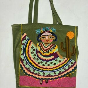 Vibrant Green Mexican dancer in desert with Embroidery green velvet tote